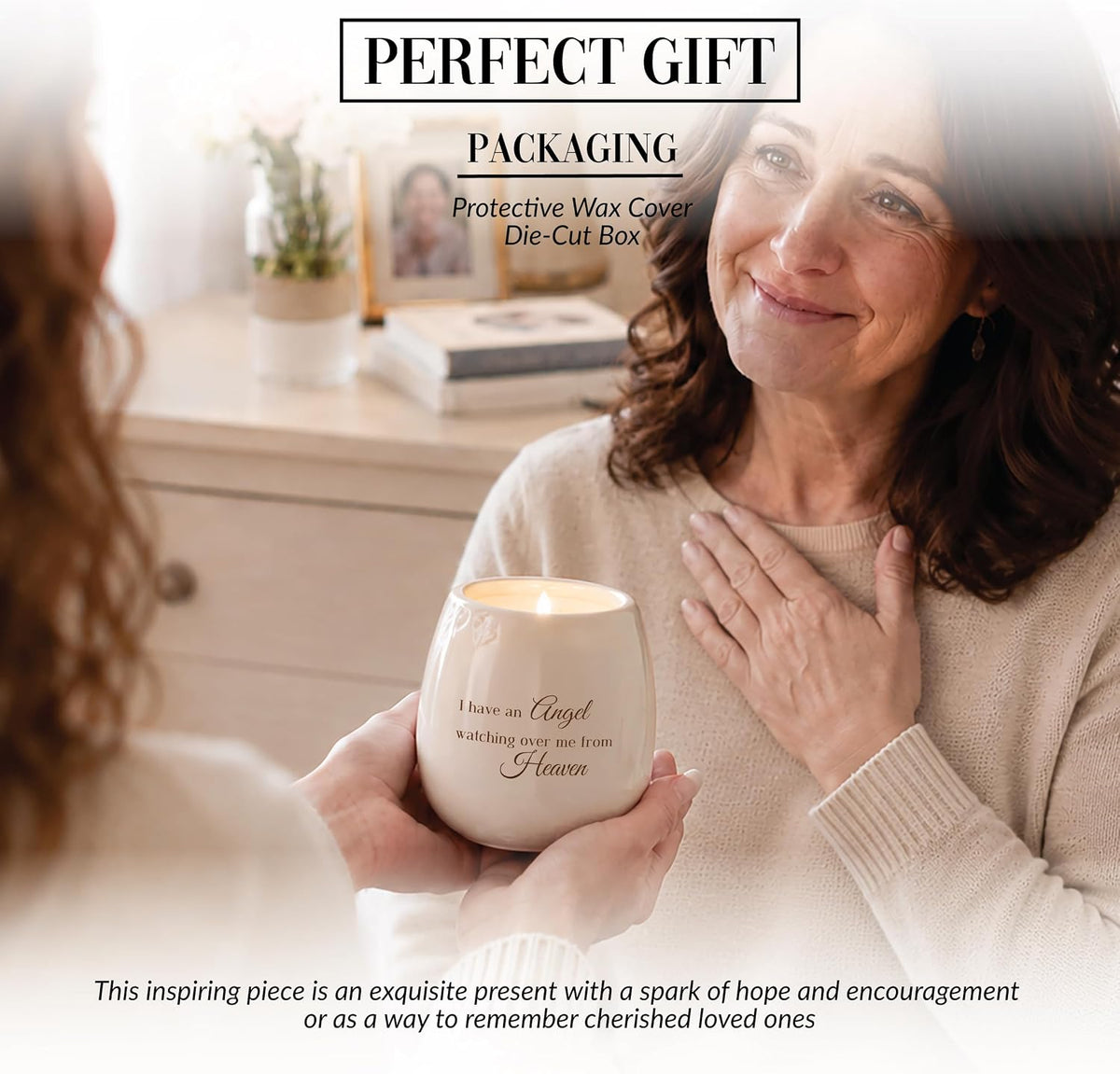 Pavilion Light Your Way Memorial Ceramic Vessel - 100% Soy Wax Candle with "I Have an Angel Watching Over Me From Heaven" Text, Decorative Soy Filled Candle, Scent of Tranquility, 8 oz, White