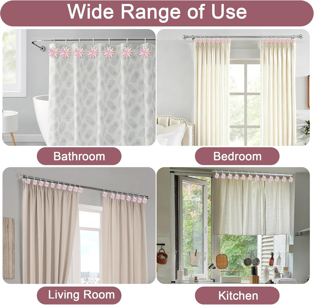 Shower Curtain Hooks, Rust Resistant Cute Daisy Metal Decorative Shower Rings Hangers Set of 12 for Bathroom Curtains,Clothing, Towels (Silver Multicolor)