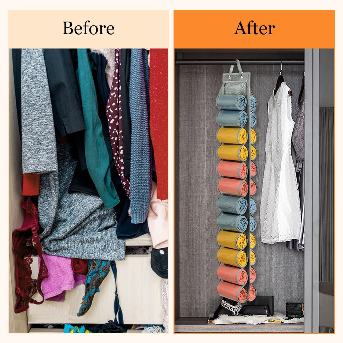 Lirex Scarf Storage Organizer with 24 Pockets, Yoga Legging Storage Organizer for Family Closet Bedroom, Light Grey