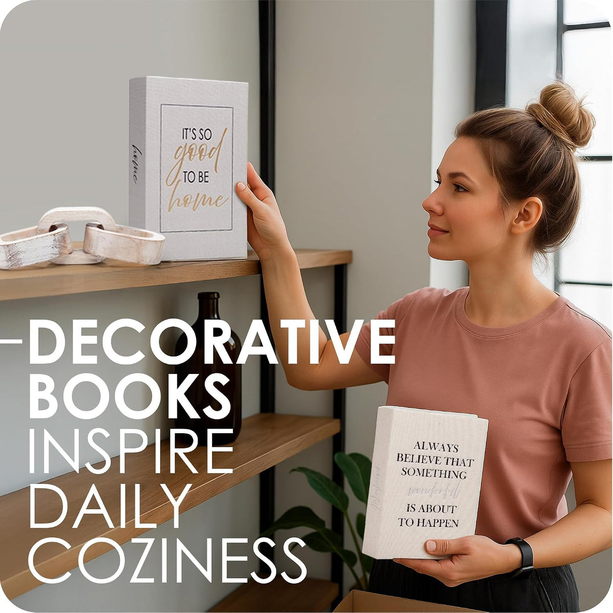 Modern Decorative Books Set of 2 Premium Linen Hardcover Faux Book Box with Reliable Magnetic Closure & Paulownia Wooden Chain