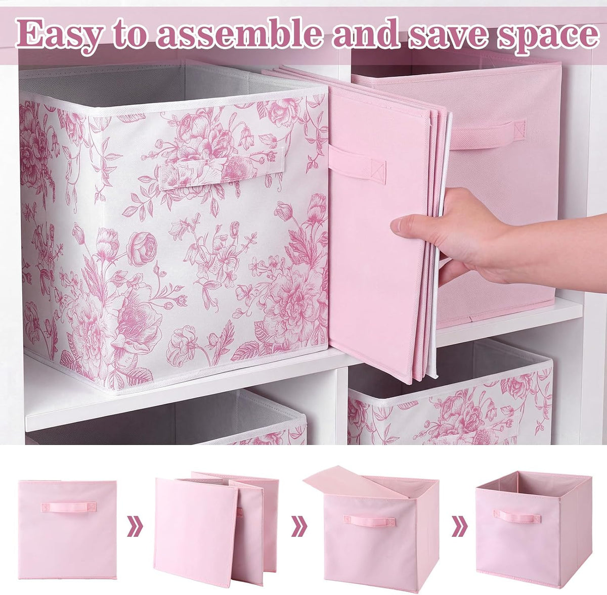 Geelin 6 Pcs Pink and Pink Floral Cube Storage Bins 11 Inch Storage Basket
