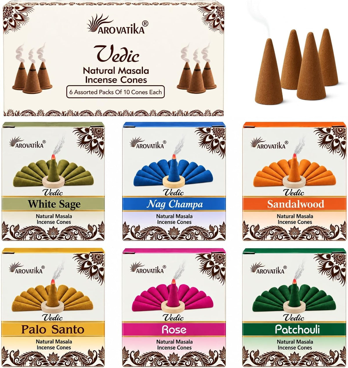 ARO VATIKA Vedic Incense Cones Variety Pack of 6 (Nag Champa, Palo Santo, Rose, White Sage, Sandalwood & Patchouli), Natural Non-Toxic Dhoop Cones for Meditation, Yoga, Relaxation & Home Fragrance