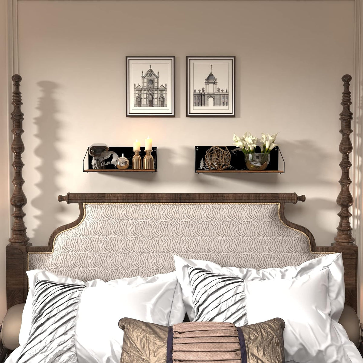 Giftgarden Floating Shelves for Wall with Unique Howling Wolves Cutout, Rustic Wolf Decor Wood Iron Hanging Shelf Decoration for Bedroom Bathroom Storage Cabin Lodge, Black