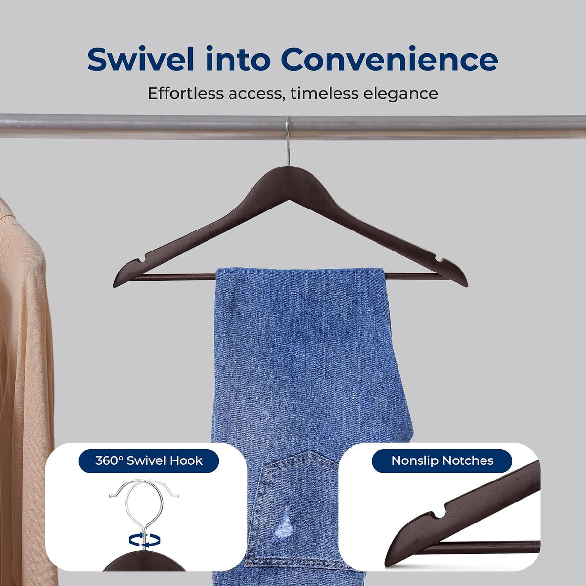 SereneLife 10 Pack Wooden Clothes Hangers | Keeps Suits, Coats & Dresses Neatly Organized | Heavy Duty Wood, Pants Bar, Notches & 360° Chrome Swivel Hooks, 10 Lbs Capacity, 0.47-Inch Profile | Brown