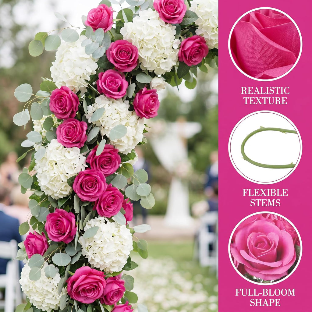 52pcs Hot Pink Roses Artificial Flowers Fake Flowers Silk Roses with Stems for DIY Wedding Bouquets Bridal Shower Table Centerpieces Arrangements Party Home Decorations