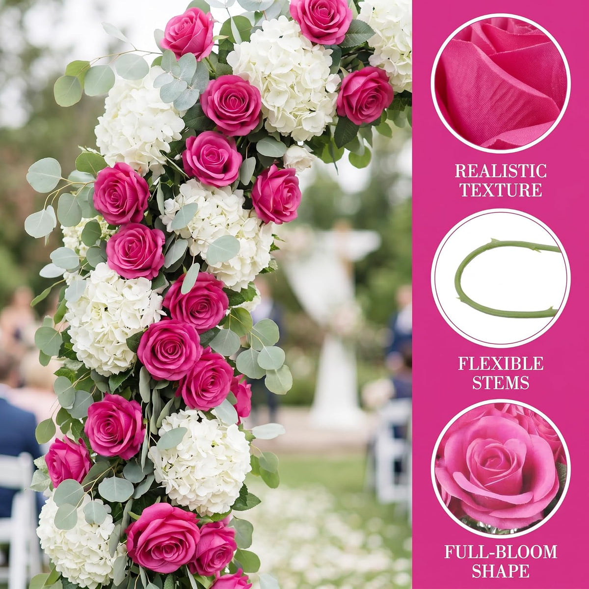 52pcs Hot Pink Roses Artificial Flowers Fake Flowers Silk Roses with Stems for DIY Wedding Bouquets Bridal Shower Table Centerpieces Arrangements Party Home Decorations