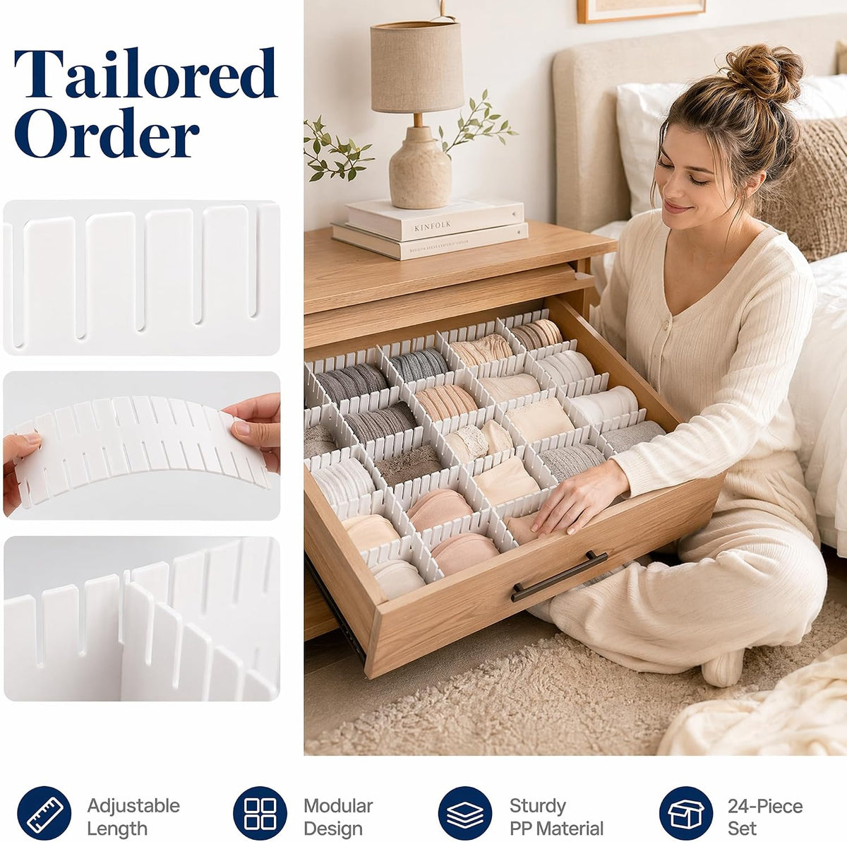 Adjustable Drawer Dividers, DIY Cut-to-Fit Organizers - White,24 Pack