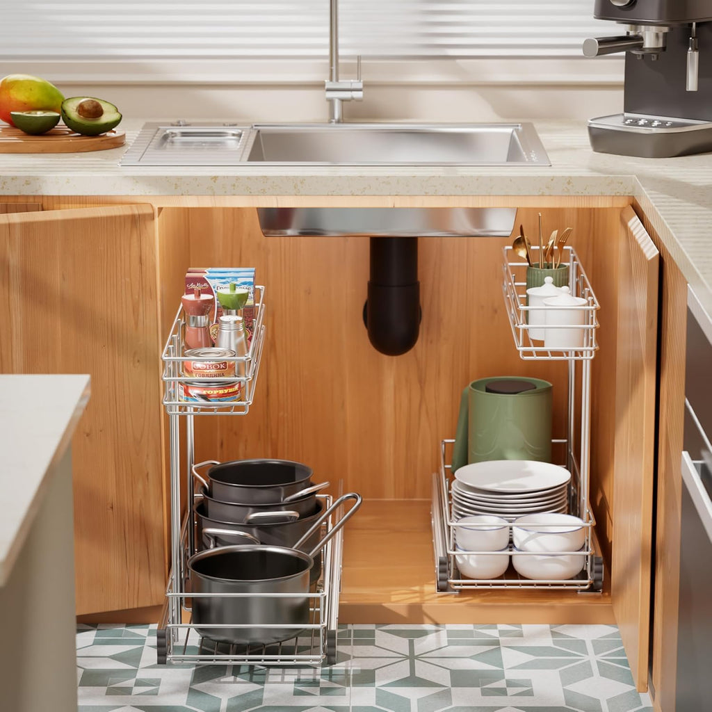 Under Sink Organizer 9" W X19 D, Pull Out Cabinet Organizer 2 Tier