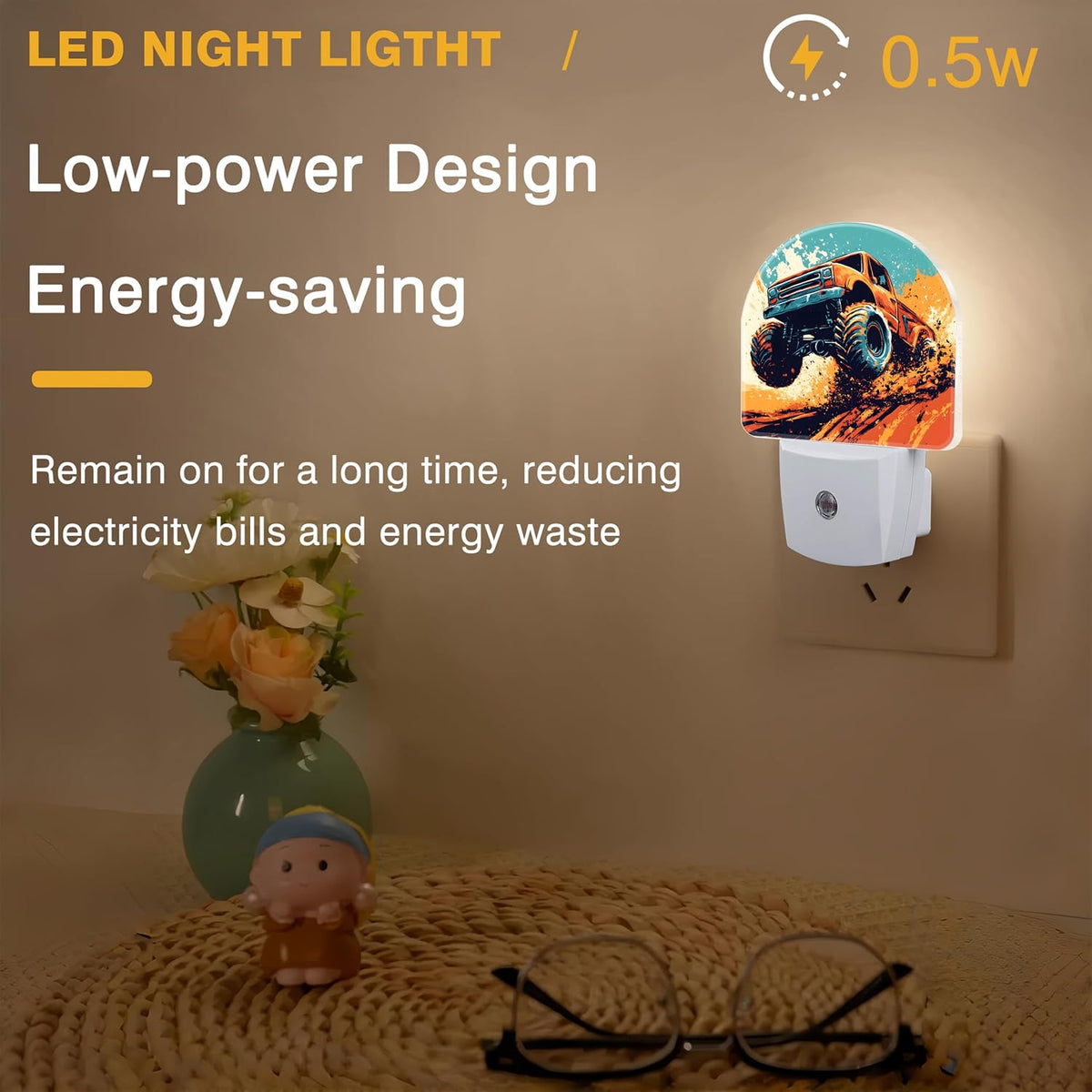 Night Lights Plug into Wall Cartoon Monster Truck Night Light Dusk to Dawn Smart Sensor Decorative Round Led Lamp for Bedroom Kitchen Hallway Nightlight for Women Men