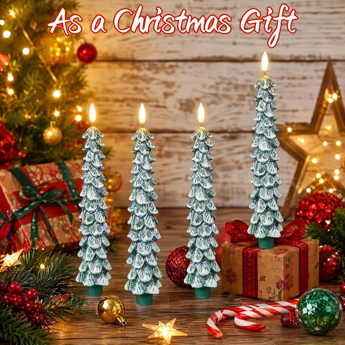 Christmas Tree Candles, Flameless Taper Candles with Frosted Green