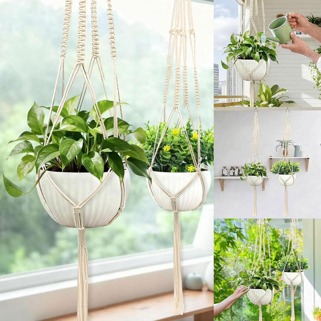 Macrame Plant Hanger, Hanging Planter Basket with Decorative Tassels, Decorative Flower Pot Holder for Indoor Outdoor Boho Home Decor, Set of 2 (Metal Hanging Ring)