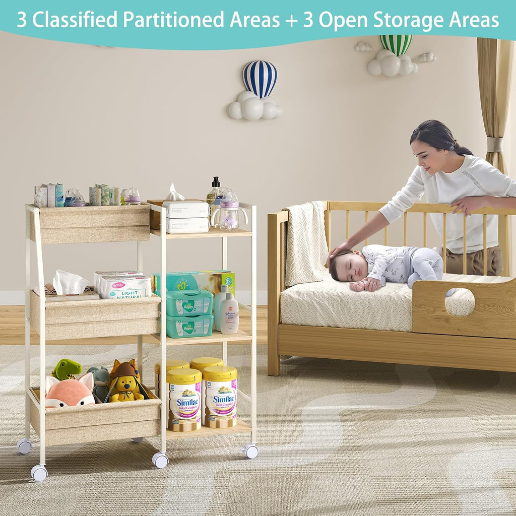 Baby Diaper Caddy Organizer Cart, 3‑Tier Rolling Storage Cart