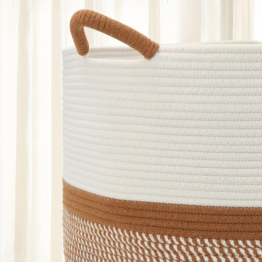Large Blanket Basket (20"x13"),Woven for Storage Dirty Clothes Basket for Laundry, Living Room, Nursery, Bedroom Rope Storage Basket for Blankets(White/Brown)