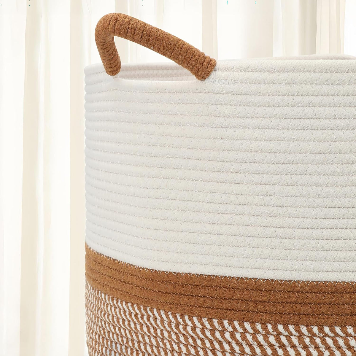 Large Blanket Basket (20"x13"),Woven for Storage Dirty Clothes Basket for Laundry, Living Room, Nursery, Bedroom Rope Storage Basket for Blankets(White/Brown)