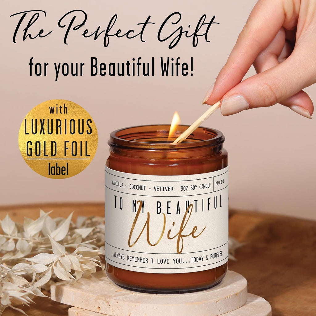 Gift for Anniversary for Women, Valentines Day Gift for Her, Wedding Anniversary for Wife -to My Beautiful Wife Candle, w/Vanilla, Coconut & Vetiver I Valentines I 9oz, 50Hr Burn, USA Made