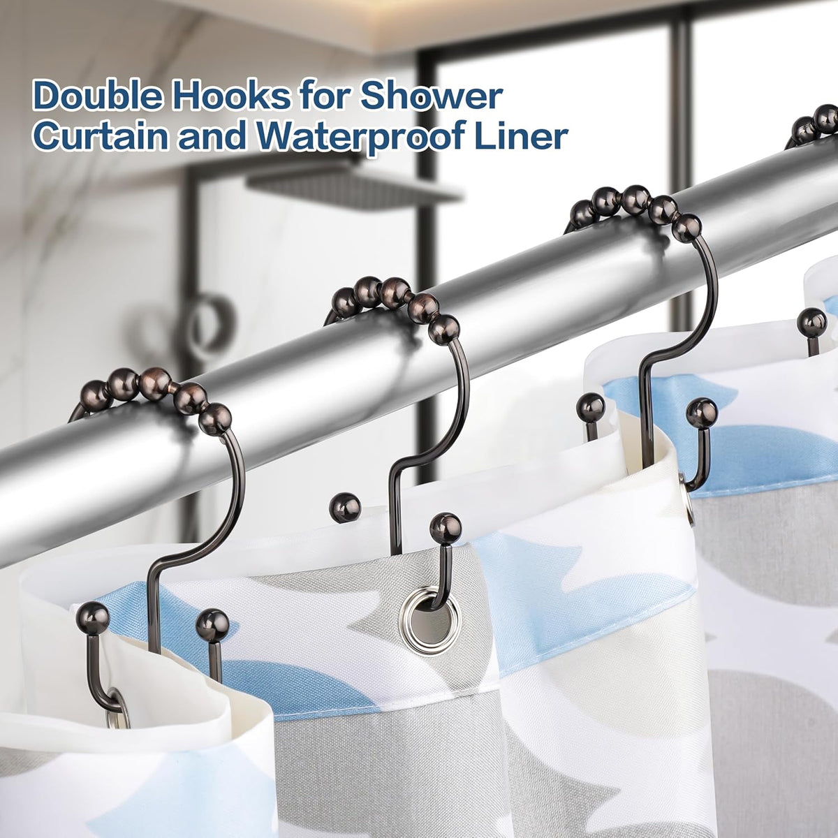 DAWNER Shower Curtain Hooks Rings, Rust Proof Hooks, Metal Easy Glide Double Shower Rings Hooks, Stainless Steel Shower Curtain Hangers for Bathroom Shower Curtains, Set of 12 Hooks, Brushed Bronze