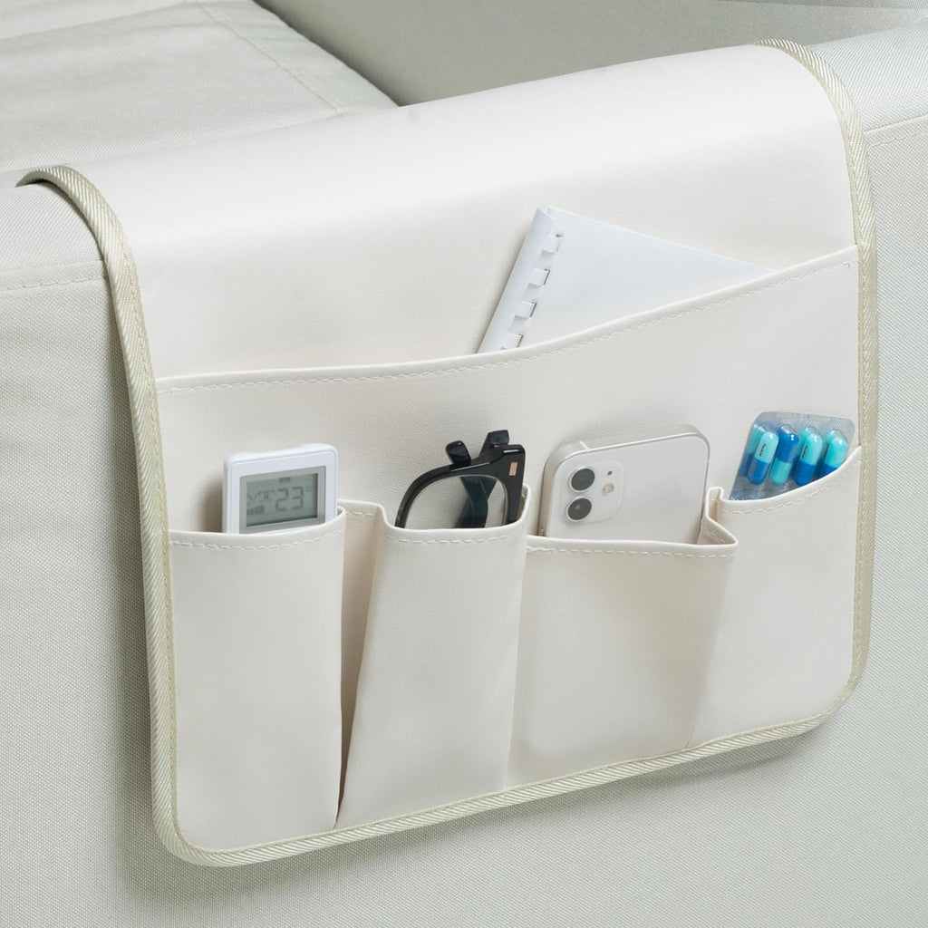 PU Leather Sofa Armrest Organizer, Armchair Magazine Holders, Waterproof Remote Holder for Recliner Couch with 1 Large Pocket, 4 Small Pockets for Magazine, Remote, Phone, Ipad, Books (white)