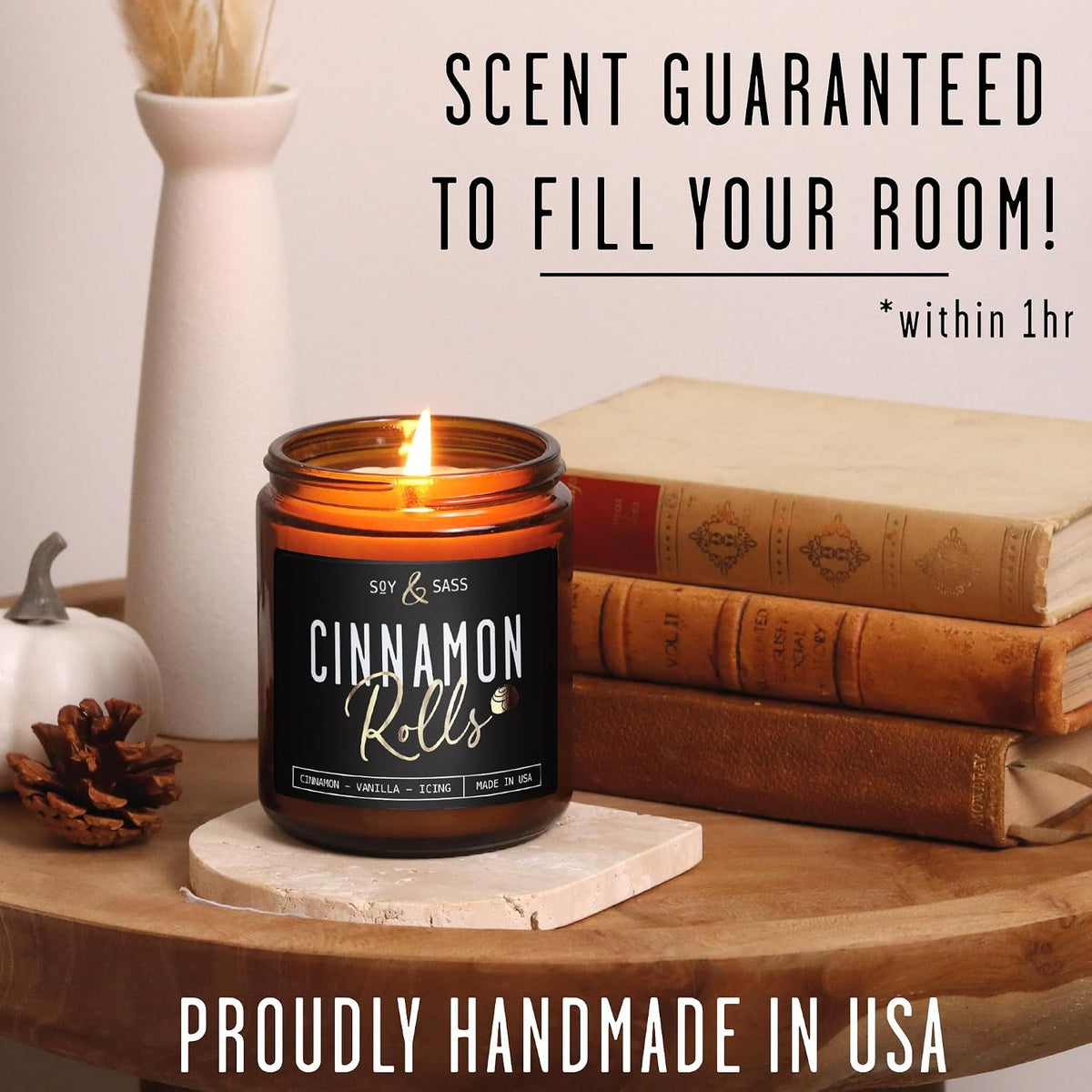 Cinnamon Candle, Fall Candles, Christmas Candles - 'Cinnamon Rolls' Autumn Scented Soy Candle for Home, 9oz Reusable Jar, 50Hr Burn, Made in USA
