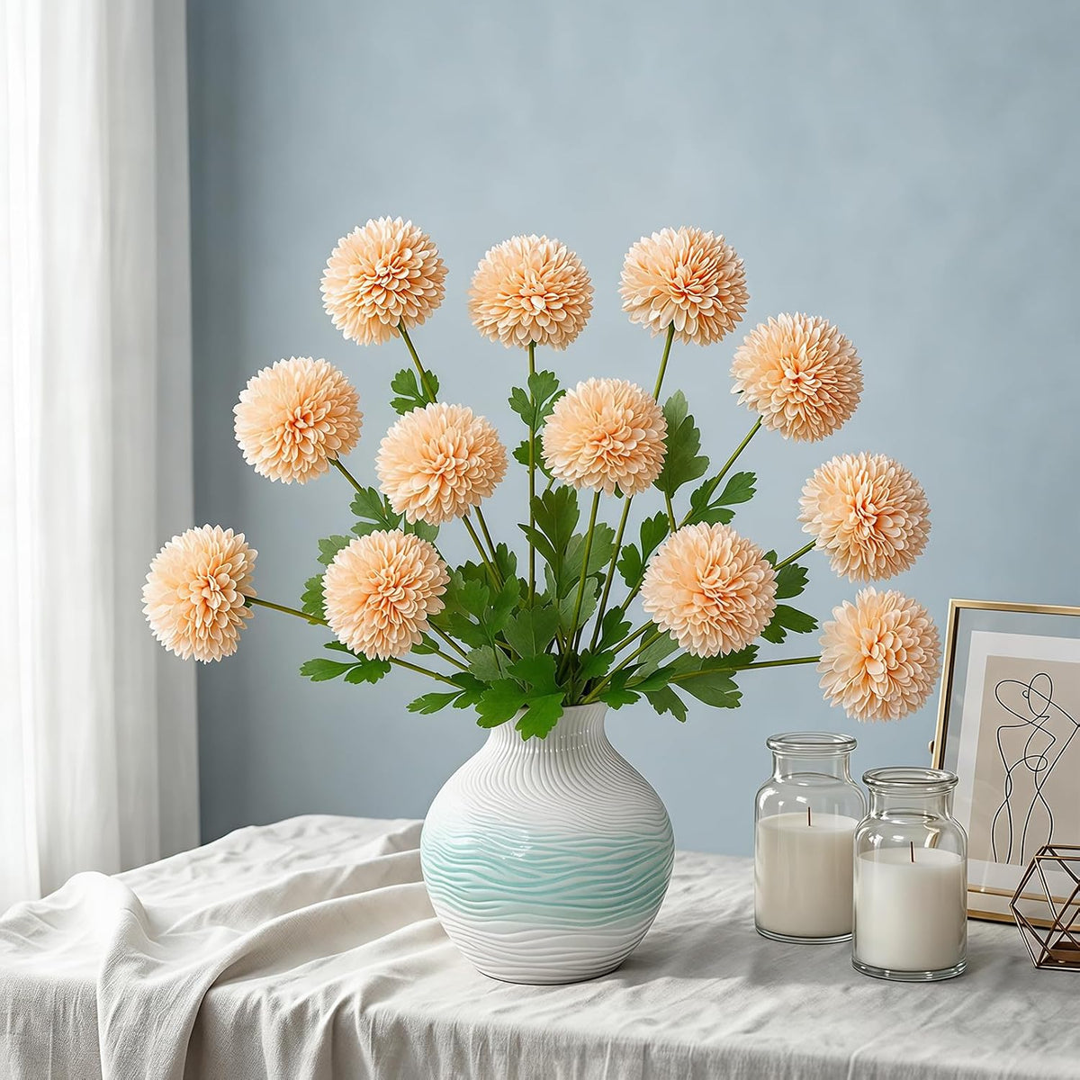 Artificial Flowers Faux Mums, Real Looking Flores Artificiales para Decoration, Faux Flowers Silk Chrysanthemum -28.34'', 12 Flowers for Decoration Indoor, Table Centerpieces(4, Champagne)
