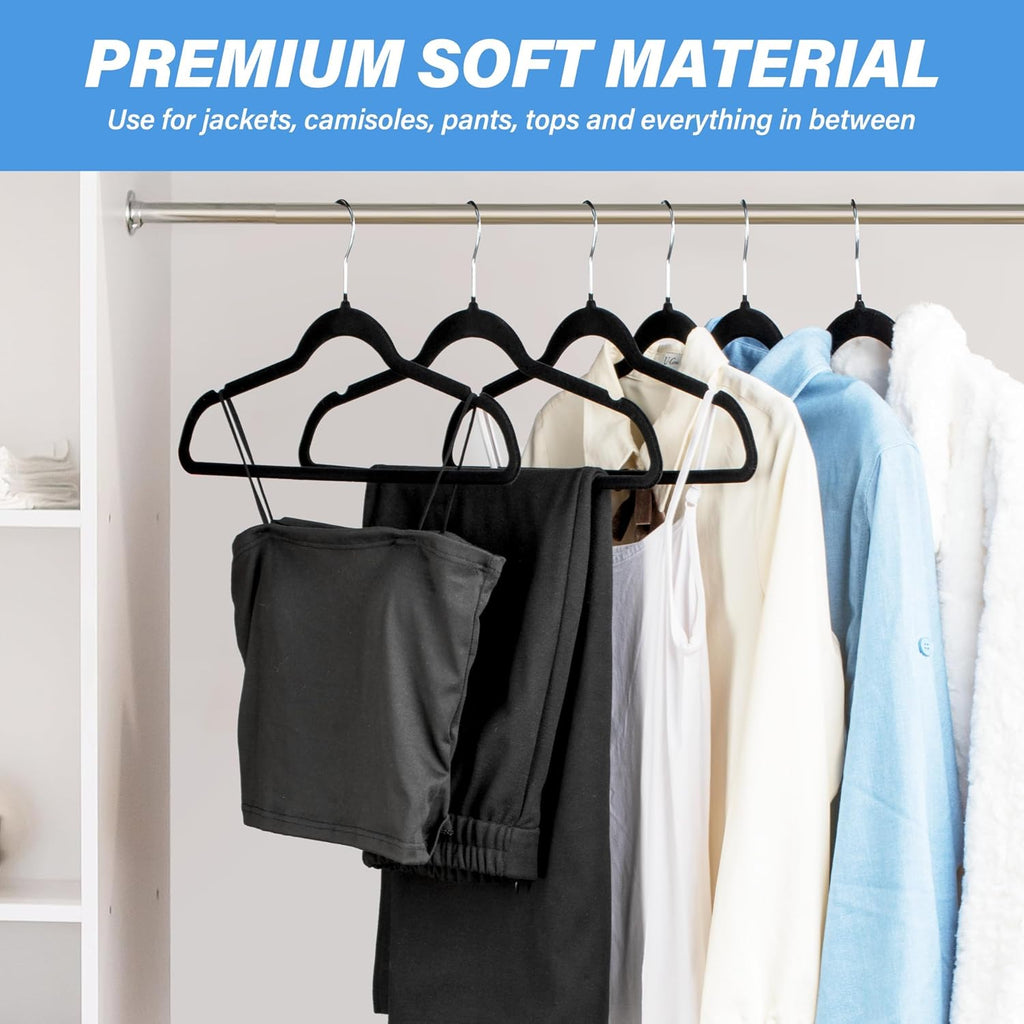 YSSOA Heavy Duty Velvet Hangers 50 Pack, 360° Swivel Hooks, Non-Slip Clothes Hangers with Shoulder Notches, Black