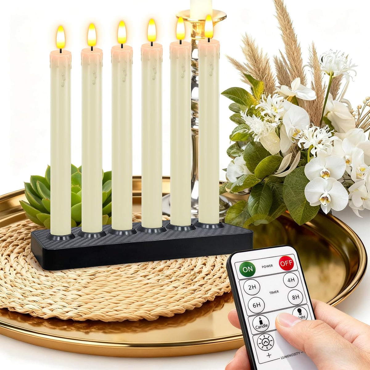 HL Rechargeable Flameless Taper Candles with Charging Base, 6 Pack LED Window Candles, Flickering Battery Operated with Remote Timer, Flameless Candlesticks for Halloween Christmas Decorations (Ivory)