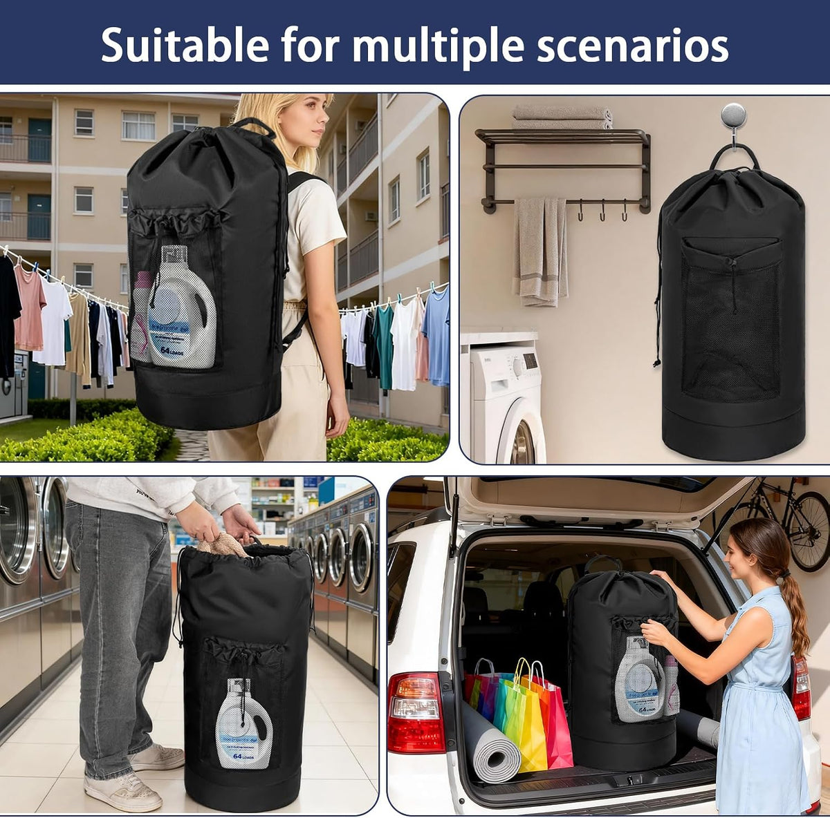 180L Laundry Bag Backpack with 3 Sizes Mesh Wash Bags and Shoulder Straps