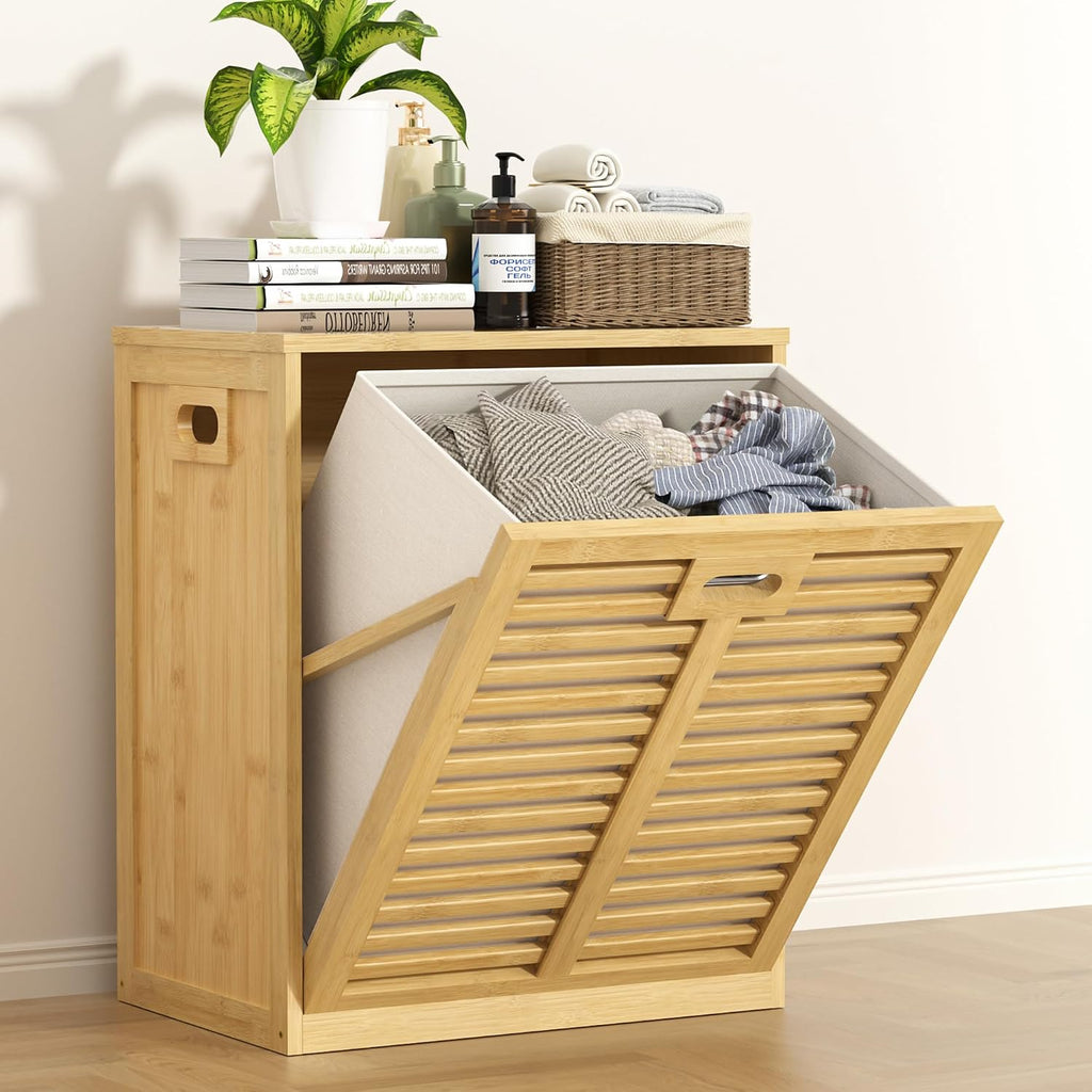 VASMIA Tilt Out Laundry Hamper, Bamboo Laundry Cabinet with Hidden Removable Basket,Dirty Clothes Storage Organizer for Bedroom, Bathroom, Living Room, Natural