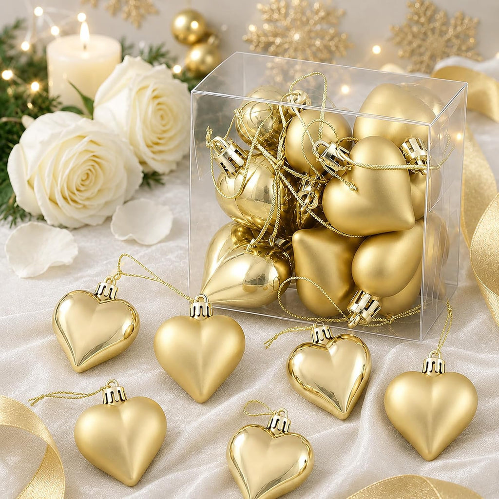 Set of 12 Gold Heart Ornaments for Christmas Valentine Tree Decorations, 1.8 inch Mini Valentines Ornaments for Small Tree, Heart Shaped Plastic Shatterproof Hanging Balls Holiday Party Decor