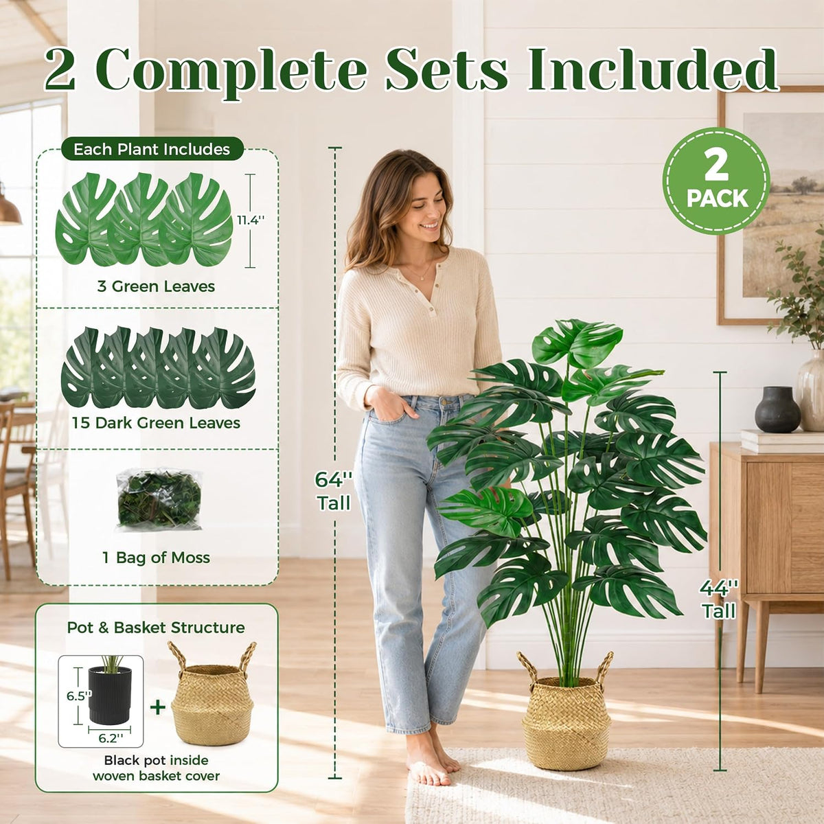 Der Rose 2Pcs 44" Artificial Monstera Plant with EVA Leaves and Basket