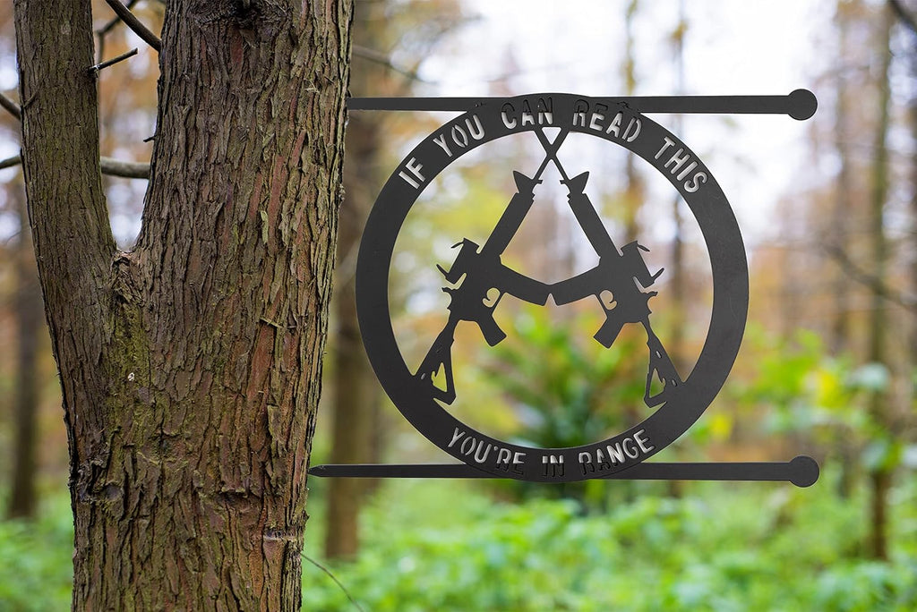 Metal No Trespassing Sign "You're In Range" Gun Metal Door, Wall or Tree Hanger Sign Decoration by GUTE - Wall Art - Outdoor/Indoor Monogram (12.5" Tall, 17.3" Wide, Black) - Hanger, Gun Owners (You're in Range)