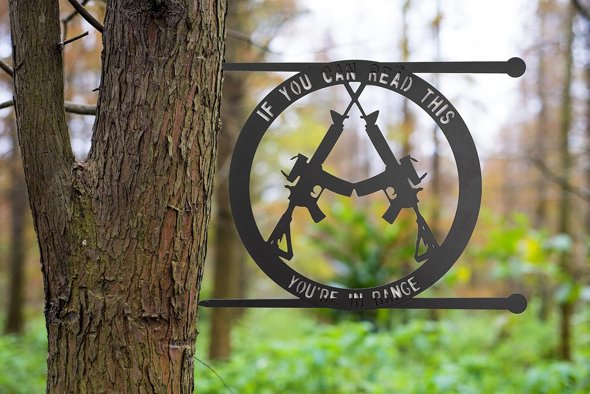 Metal No Trespassing Sign "You're In Range" Gun Metal Door, Wall or Tree Hanger Sign Decoration by GUTE - Wall Art - Outdoor/Indoor Monogram (12.5" Tall, 17.3" Wide, Black) - Hanger, Gun Owners (You're in Range)