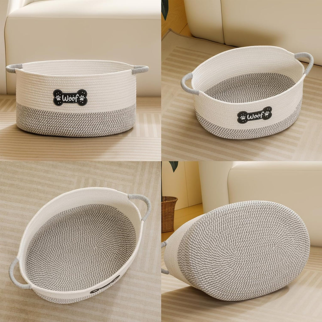 Dog Toy Basket, Dog Toy Box Organizer Baskets, Woven Cotton Rope Pet Puppy Dogs Toy Bin With Handle, Chew Toys Blankets Leashes Grey Storage Baskets for All Pets - Puppies to Large
