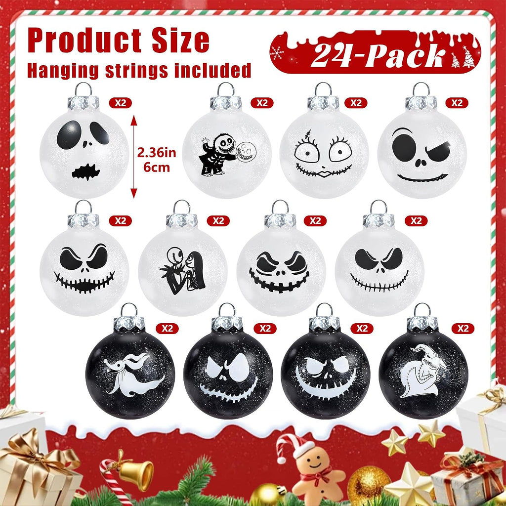 Nightmare Christmas Ball Ornaments Set, Skull Pattern Jack White and Black Xmas Tree Decorations, Plastic Shatterproof Hanging Balls Halloween Decor, 2.36”/60mm (24, White and Black)
