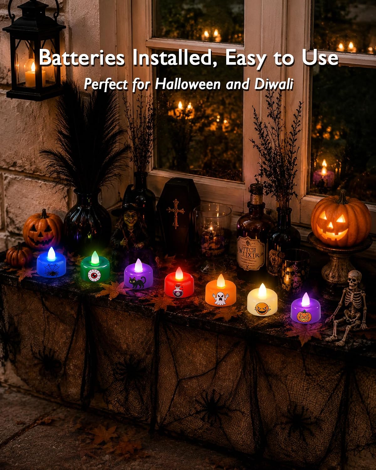 Amagic 24Pack Halloween Multicolor LED Tea Lights Candles with DIY Stickers