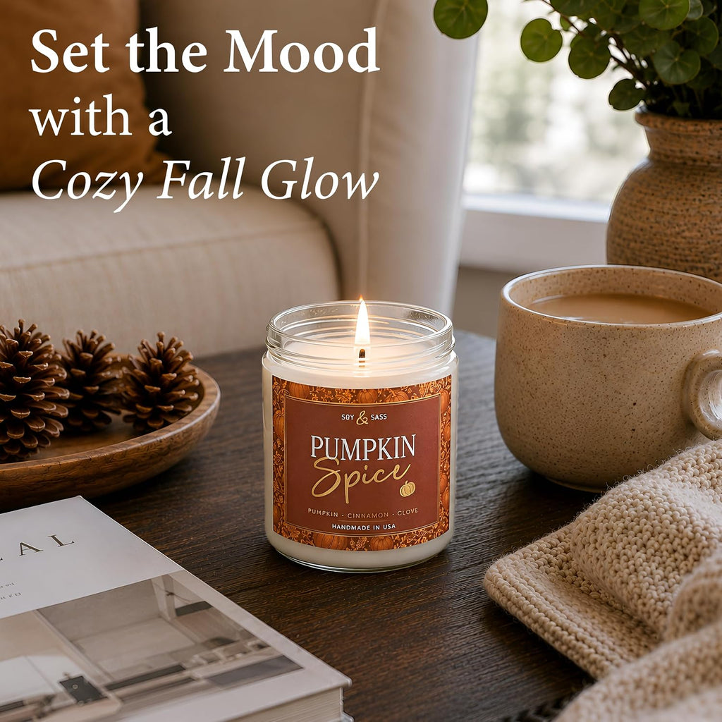 Pumpkin Spice Candle, Fall Candles - 'Pumpkin Spice' Scented Soy Candle for Home, Fall Scented Candles for Home Décor, 9oz Reusable Jar, 50Hr Burn, Made in USA