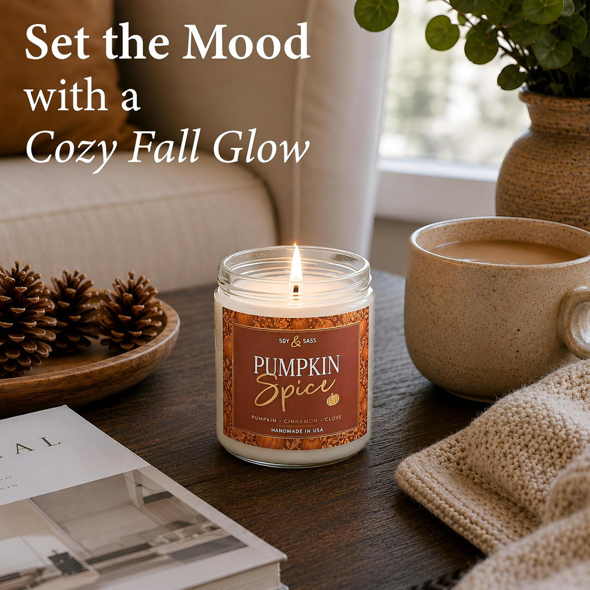 Pumpkin Spice Candle, Fall Candles - 'Pumpkin Spice' Scented Soy Candle for Home, Fall Scented Candles for Home Décor, 9oz Reusable Jar, 50Hr Burn, Made in USA