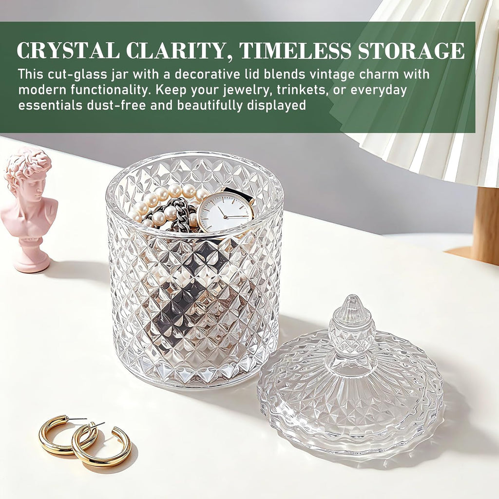 2 Pack Qtip Holder, Crystal Glass Apothecary Jars with Lids, Diamond Cut