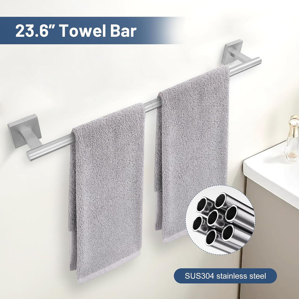 TURS 5-Pieces Brushed Nickel Bathroom Hardware Set 23.6 Inch SUS304 Stainless Steel Towel Bar Set Wall Mounted Square Toilet Paper Holder with Shelf