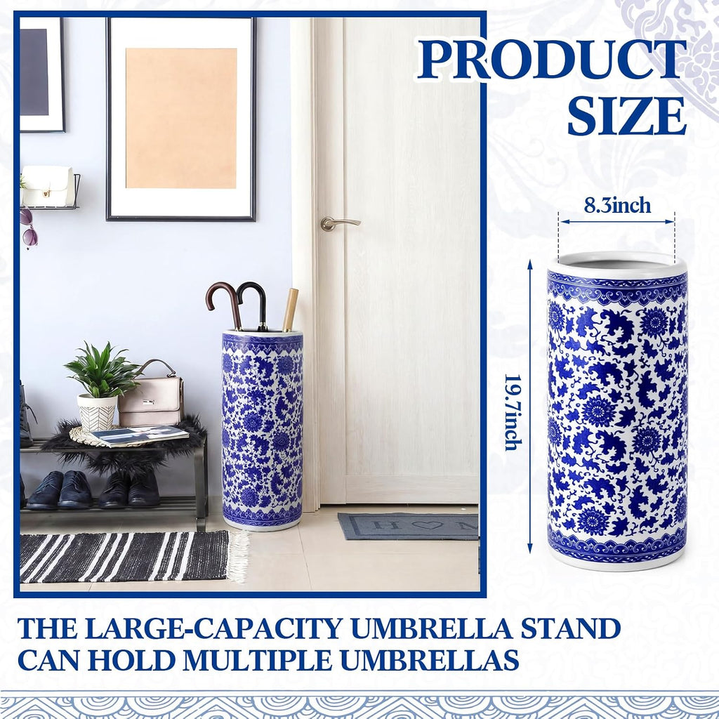 Sawysine Blue White Ceramic Umbrella Stand with Lotus in Vine Design