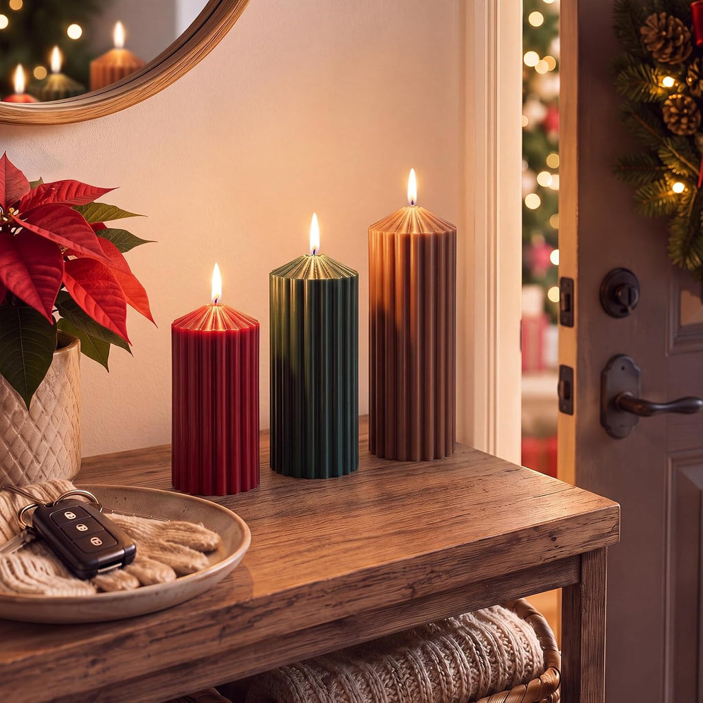 Mtlee 3 Pack Christmas Ribbed Pillar Candles, Burgundy, Forest Green, Brown