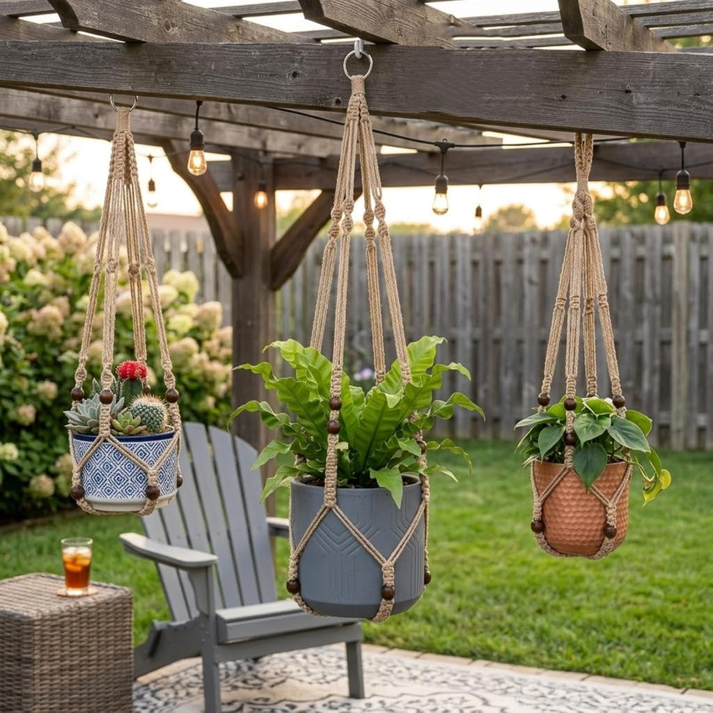 3 Pack Macrame Plant Hanger, Bohemian Hanging Planter with Elegant Wooden Beads for Indoor Outdoor (Pot and Plant are Not Included)