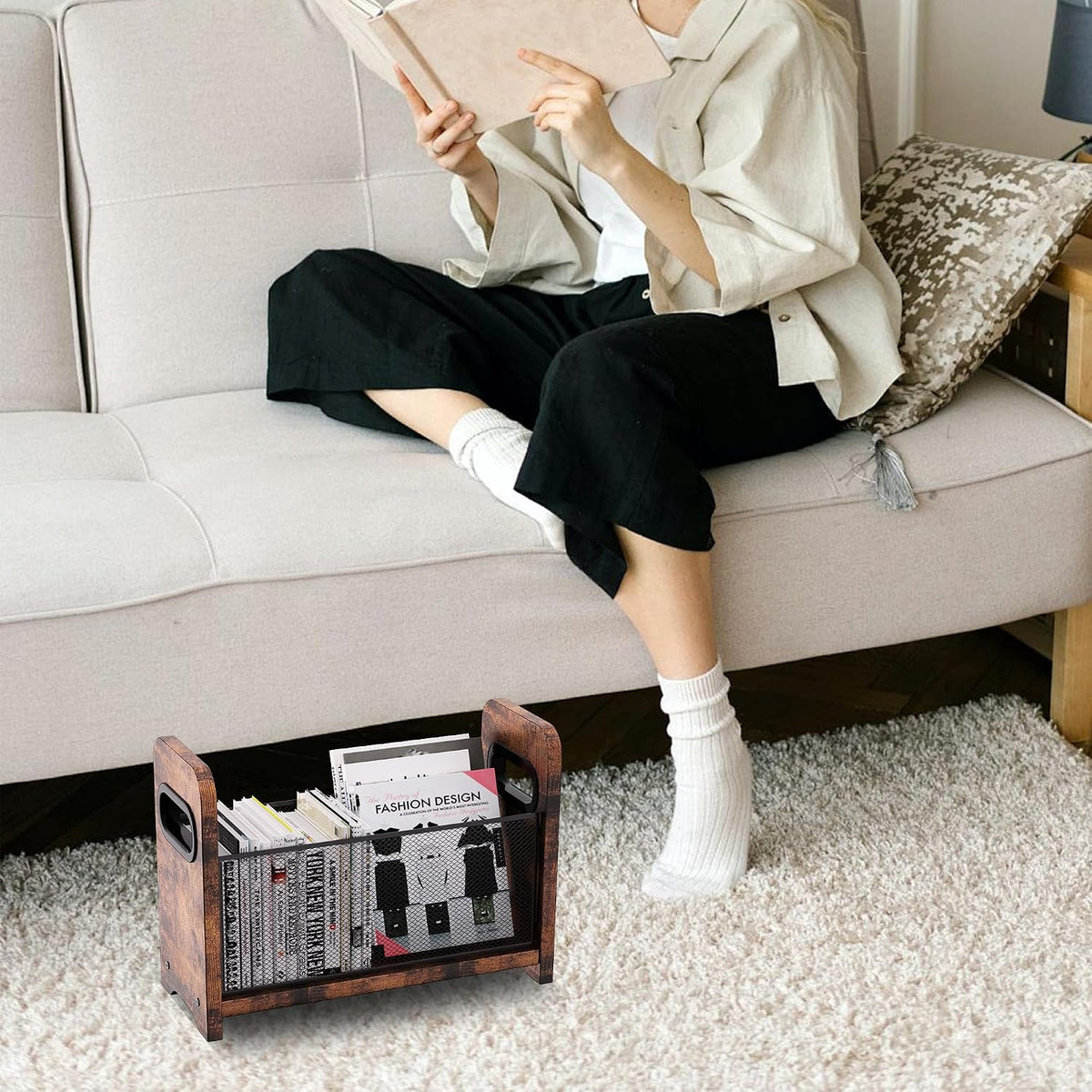 Wood Magazine Holder & Rack - Retro Brown Mesh Storage Basket for Books, Newspapers, Files - Desk/Floor Organizer