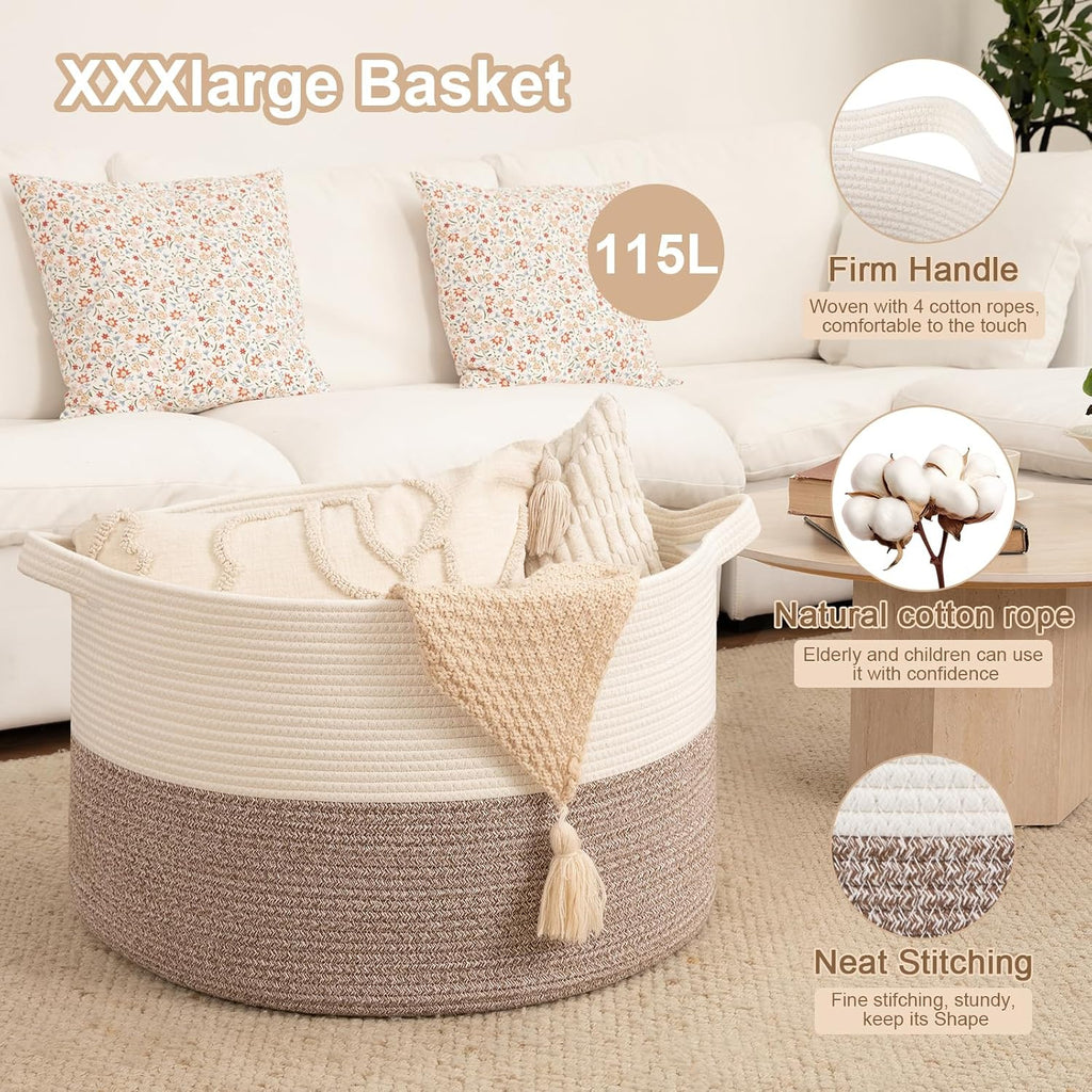 OIAHOMY 115L Extra Large Blanket Basket Living Room Laundry Basket Brown