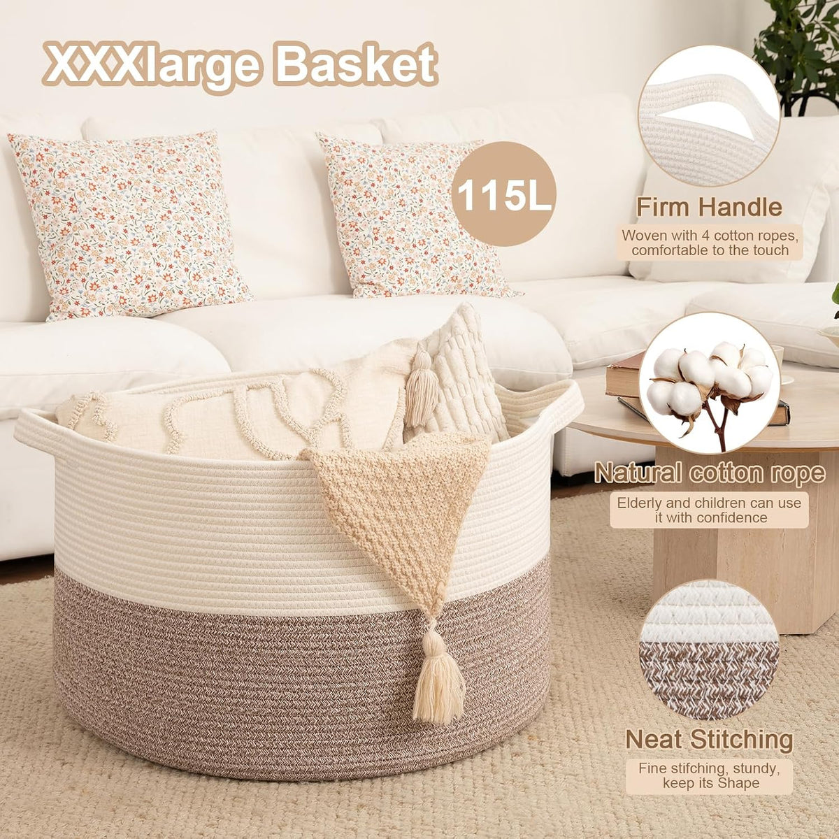 OIAHOMY 115L Extra Large Blanket Basket Living Room Laundry Basket Brown