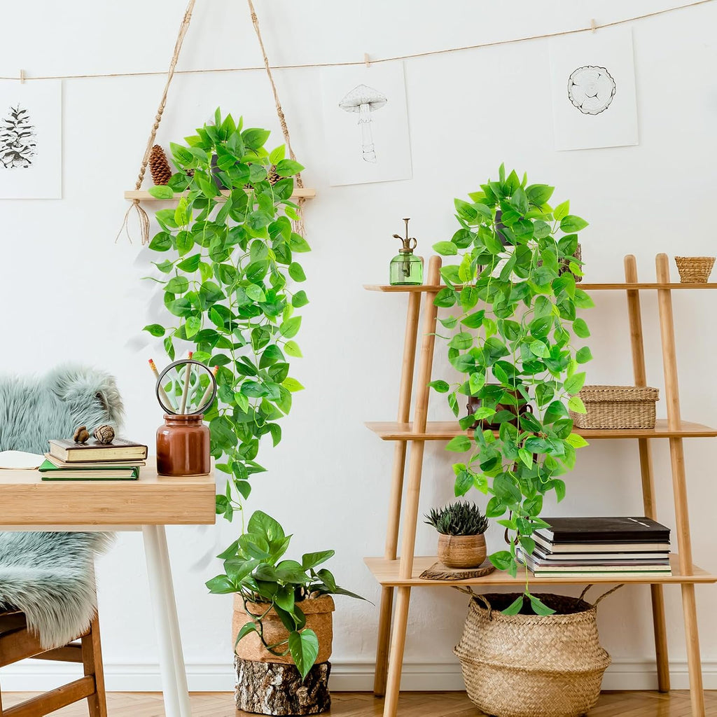 Artificial Hanging Plants with Black Pot, 39.37" Faux Pothos Trailing Vines, Potted Fake Greenery Indoor for Home Bathroom Bedroom Wall Shelf Decor