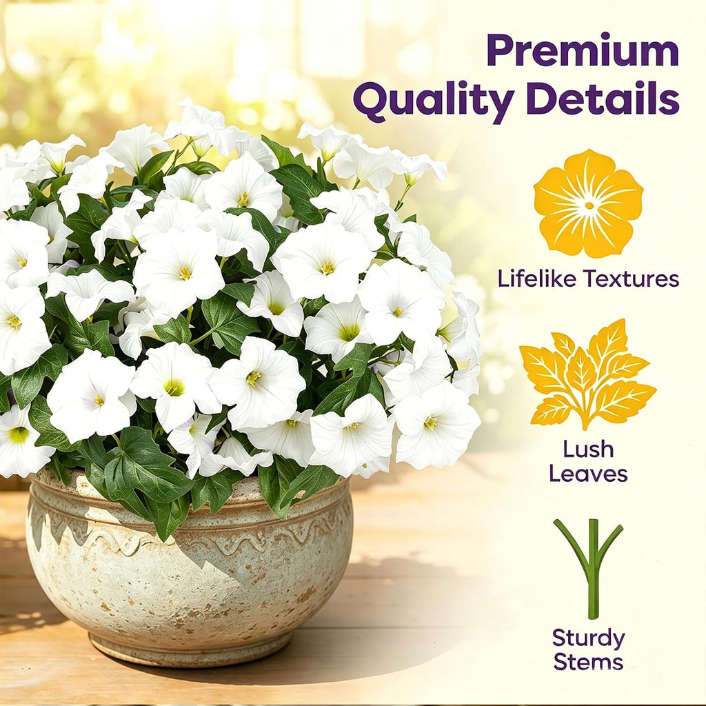 Artificial Flowers for Outdoors, Faux Petunias Spring Summer Decoration, Fake Flowers Plants UV Resistant Look Real Silk Flowers for Outside Planter Front Door Porch Patio Yard (White)