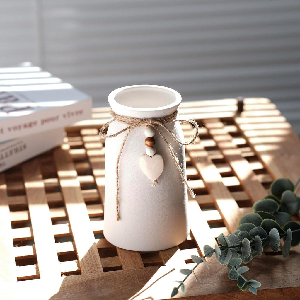 Charming 6-Inch Ceramic Vase | Jute Rope & Heart Charm Vase for Bohemian Farmhouse & Boho Décor, White Color