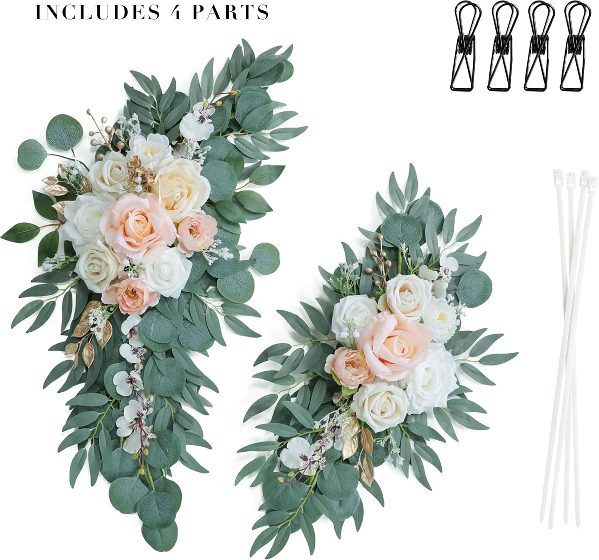 Artificial Blush Pink Wedding Arch Flower Swags Set of 2 for Welcome Signs and Ceremony Decorations, Champagne Gold Wedding Flowers