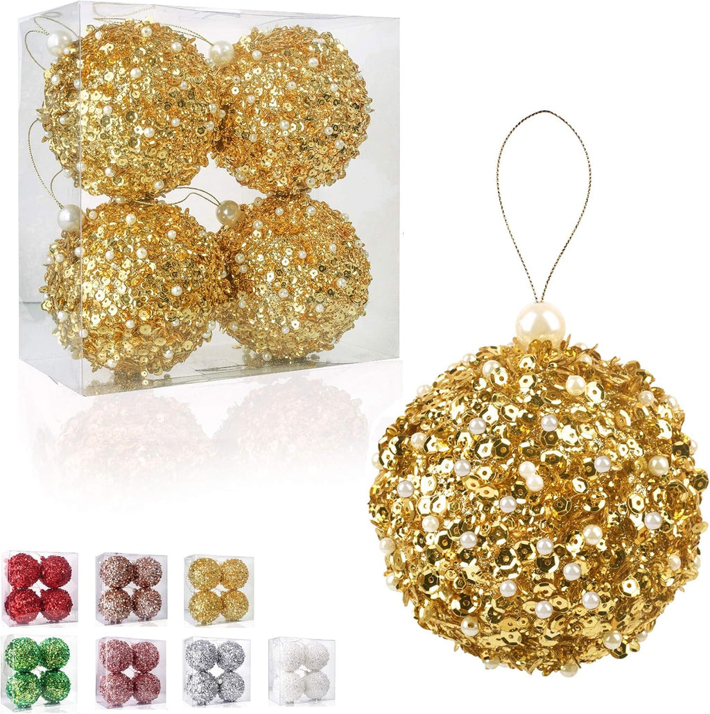 4.25" Christmas Ball Ornaments, 4pc Set Gold Shatterproof Christmas Decorations Tree Balls for Xmas Trees Wedding Party Holiday Decorations (Gold)