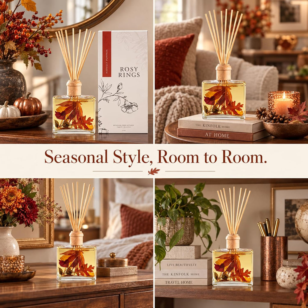 Rosy Rings Botanical Reed Diffuser 13oz - Lasts 6-12 Months Aromatherapy Notes of Cinnamon Clove Vanilla Long Lasting Floral Luxurious Fragrance Home Decor Housewarming Wedding Gifts (Harvest Pumpkin)